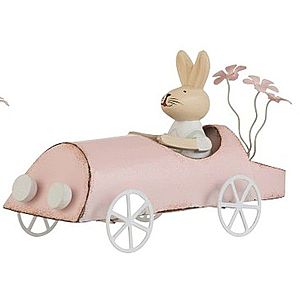 Retro dekorace králíček v růžovém autě - 17*7, 5*9, 5cm 2841růžové obraz