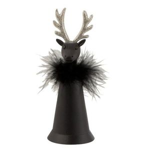 Černý plechový zvonek s peříčky a hlavou jelena - Ø 7*18 cm 8404 obraz