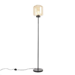 Designová stojací lampa černá s jantarovým sklem - Qara obraz