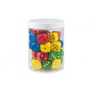 Hrací kostky barevné dřevo společenská hra 34 ks v dóze obraz