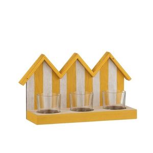 Dřevěný svícen žluto bílé plážové domečky se třemi skleněnými miskami na čajovou svíčku - 25, 5*8, 5*15 cm 2834 obraz