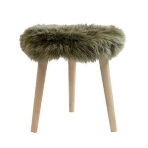 Dřevěná kulatá stolička se šedo - zeleným sedákem z ovčí kůže - Ø 36*45cm POKRROG obraz