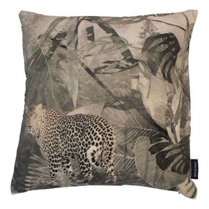 Sametový hnědý polštář s leopardem v džungli - 45*45*15cm MRKSFJP obraz