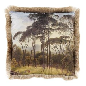 Čtvercový sametový polštář s motivem přírody a vysokých borovic s třásněmi - 45*45*10 cm DCKSLP obraz