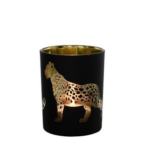 Černo zlatý skleněný svícen s jaguárem M - 8*8*10cm XMWLJZM obraz