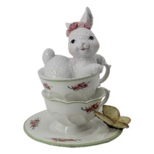 Dekorace bílé králičí slečny v porcelánových šálcích s motýlem - 12*12*15 cm 6PR3139 obraz