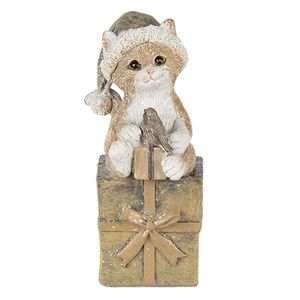 Vánoční dekorativní soška kočky s čepicí na dárku - 5*4*10 cm 6PR4643 obraz