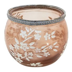 Béžovo-hnědý skleněný svícen na čajovou svíčku s květy Teane - Ø10*8 cm 6GL3504 obraz