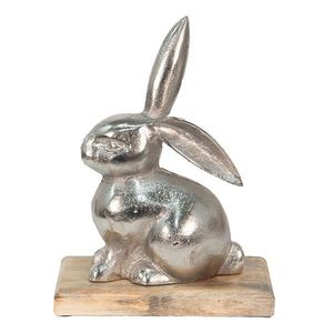 Dekorace stříbrný kovový králík na dřevěném podstavci - 21*11*28 cm 6AL0056L obraz