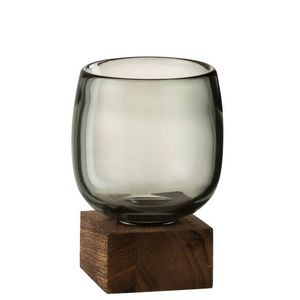 Skleněný svícen / váza na dřevěném podnosu - 10*10*14 cm 3734 obraz