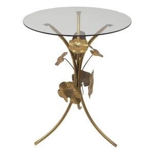 Zlatý antik kovový stolek s listy a skleněnou deskou Lave - Ø 60*76 cm 5Y1068 obraz
