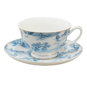 Bílo-modrý porcelánový šálek s podšálkem Chateau - Ø 10*6 / Ø 15*2 cm / 250 ml 6CEKS0001BL obraz