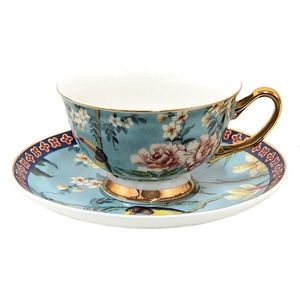 Modrý porcelánový šálek s podšálkem s květy a Tukanem - 12*10*6 cm / Ø 15*2 cm / 200 ml 6CE1476 obraz