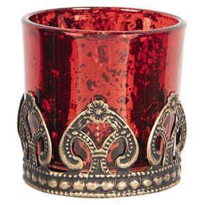 Červený skleněný svícen na čajovou svíčku s kovovým zdobením -Ø 5*5 cm 6GL2633 obraz