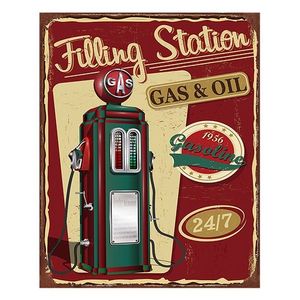 Červená nástěnná kovová cedule Station Gas & Oil - 20*1*25 cm 6Y5130 obraz
