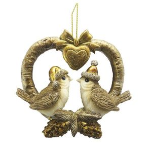 Zlatá antik závěsná dekorace ptáčci v srdci - 8*2*8 cm 6PR4868 obraz