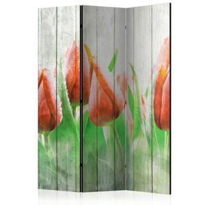 Paraván Red tulips on wood Dekorhome 135x172 cm (3-dílný) obraz
