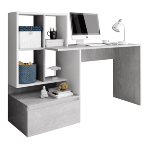 PC stůl s regálem NEREO Bílá / beton, PC stůl s regálem NEREO Bílá / beton obraz