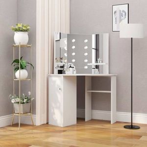 Rohový toaletní stolek s LED Dekorhome Bílá, Rohový toaletní stolek s LED Dekorhome Bílá obraz