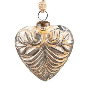 Stříbrná antik vánoční skleněná ozdoba srdce - 9*4*10 cm 6GL3855 obraz