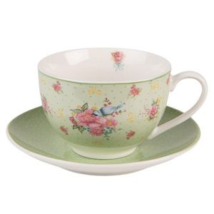 Zelený porcelánovýšálek s podšálkem s květy a ptáčkem Cheerful Birdie - 12*9*6cm/ 200ml CHBKS obraz