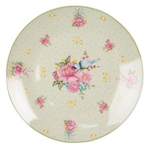 Zelený porcelánový dezetní talíř s květy a ptáčkem Cheerful Birdie - Ø 20 cm CHBDP obraz