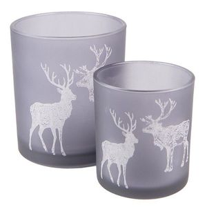 2ks šedý skleněný svícen na čajovou svíčku s jelenem a sobem - Ø 7*8/ Ø 9*10cm 6GL4098 obraz