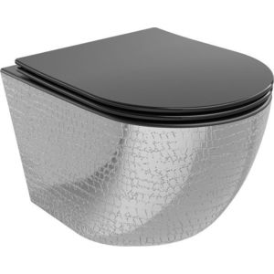 MEXEN Lena Závěsná WC mísa včetně sedátka s slow-slim, duroplast, černá mat / stríbrný vzor 30224072 obraz
