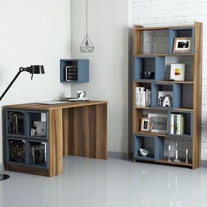 Kalune Design Psací stůl s knihovnou a policí Boxe ořech/modrý obraz