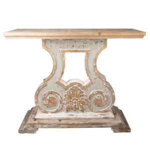 Béžový antik dřevěný odkládací stůl se zdobenou nohou Vinia - 121*40*99 cm 5H0570 obraz