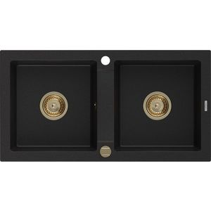 MEXEN/S Mario granitový dřez 2-bowly 820 x 436 mm, černý, zlatý sifon 6504822000-77-G obraz