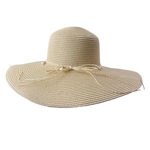 Béžový sluneční dámský klobouk s mašlí z provázků a perličkami JZHA0074BE obraz
