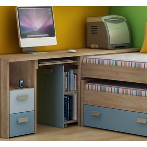 Studentský rohový PC stůl NELLORE 2, dub sonoma/světle modrá/modrá, 5 let záruka obraz