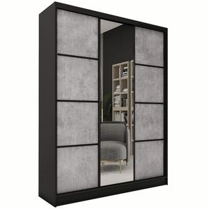 Šatní skříň HARAZIA 150 se zrcadlem, 4 šuplíky a 2 šatními tyčemi, černý mat/beton obraz