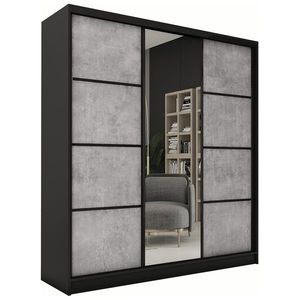 Šatní skříň HARAZIA 180 se zrcadlem, 4 šuplíky a 2 šatními tyčemi, černý mat/beton obraz