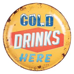 Žlutá nástěnná kovová kulatá cedule na zeď Cold drinks Here - Ø 35*2 cm 6Y5009 obraz