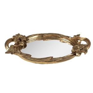 Zlatý antik oválný dekorativní podnos se zrcadlem a květy - 45*25*5 cm 65131 obraz