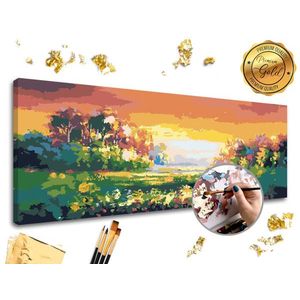 Malování podle čísel PREMIUM GOLD – Pestrobarevná krajina (Sada na malování podle čísel ARTMIE se zlatými plátky) obraz