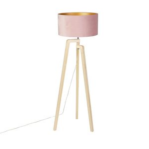 Stojací lampa stativ dřevo s růžovým sametovým odstínem 50 cm - Puros obraz