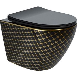 MEXEN Lena Závěsná WC mísa včetně sedátka s slow-slim, duroplast, černá/zlatá vzor 30224079 obraz