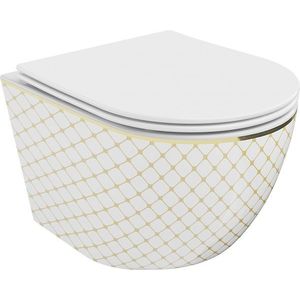 MEXEN Lena Závěsná WC mísa včetně sedátka s slow-slim, duroplast, bílá/zlatý vzor 30224009 obraz