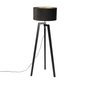 Stojací lampa stativ černé dřevo s černým odstínem 50 cm - Puros obraz