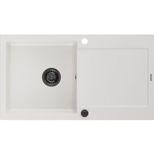 MEXEN/S Leo granitový dřez 1 s odkapávačem 900x500 mm, bílá, + černý sifon 6501901010-20-B obraz