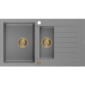 MEXEN/S Matias granitový dřez 1.5 s odkapávačem 900x505 mm, šedá, + zlatý sifon 6502901505-71-G obraz