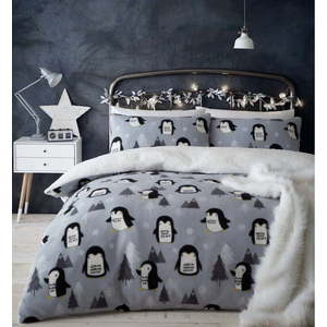 Šedé fleecové povlečení 200x200 cm Cosy Penguin - Catherine Lansfield obraz
