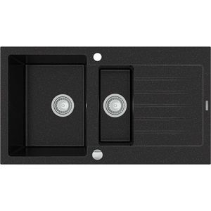 MEXEN Matias žula dřez 1, 5-mísa dřez s vypouštěním krátký Board 900x505 mm, černá / stříbrná metalíza 6502901505-73 obraz