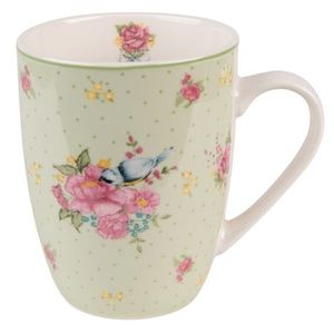 Zelený porcelánový hrnek s květy a ptáčkem Cheerful Birdie - 12*8*10cm/ 300ml CHBMU obraz