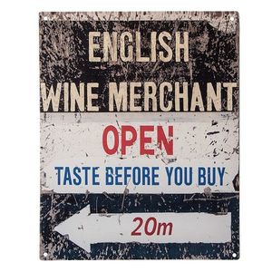 Černobílá antik nástěnná kovová cedule English Wine Merchant - 20*1*25 cm 6Y5184 obraz