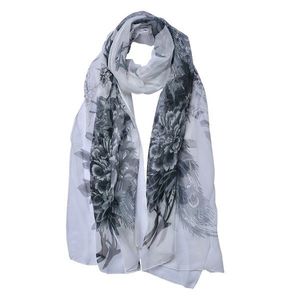 Bílý dámský šátek/ šál se šedými květy - 50*160 cm JZSC0724W obraz