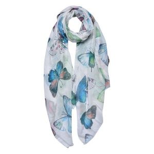Bílo-modrý dámský šátek s potiskem motýlků - 70*180 cm JZSC0699 obraz